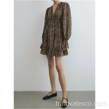 100% Poly V-Neck Leopard Print Tailband Jupe courte